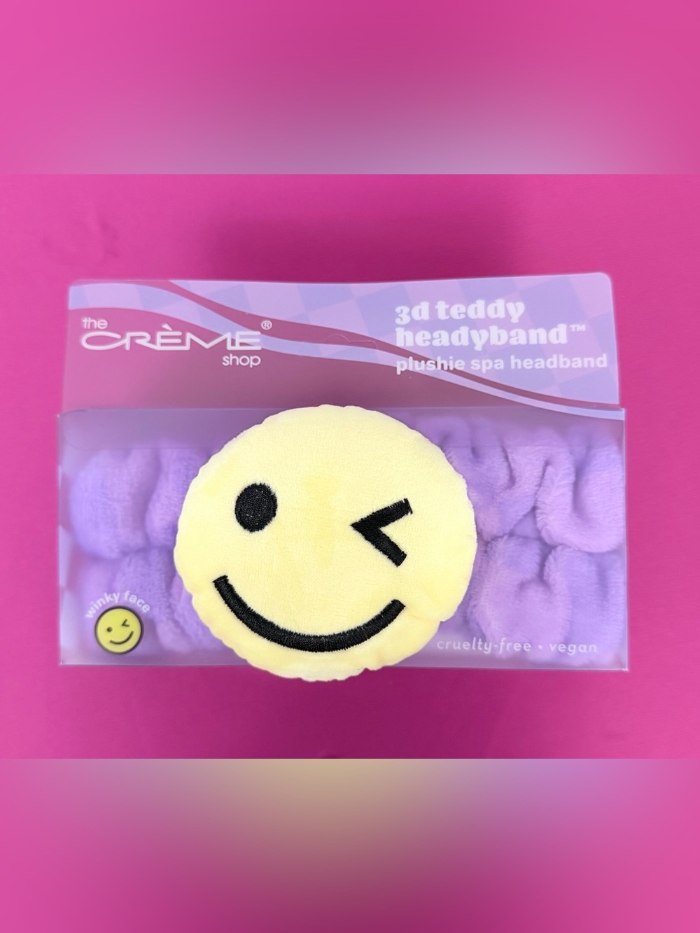 The Crème Shop 3d Teddy plushie spa headband purple tie-dye/yellow winky faceO/S